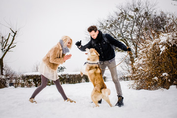 A lovely couple plays with her dog in a snowy park