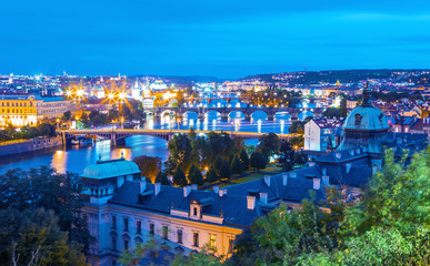 Scenic view of bridges on the Vltava river and historical center of Prague, Czech Republic