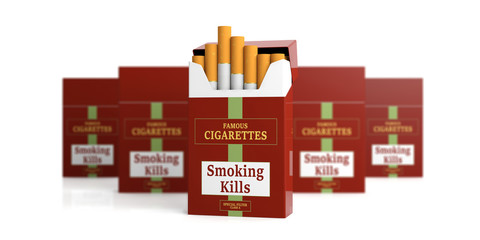 Brand name cigarette pack, blur packs and white background. Smoking kills label. 3d illustration