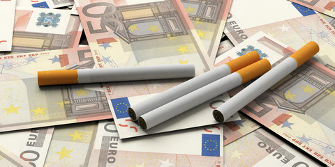 Smoking cost concept. Cigarettes in euros banknotes background. 3d illustration - obrazy, fototapety, plakaty