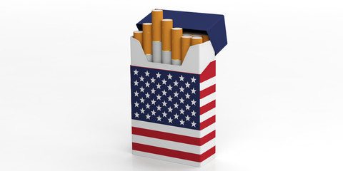 Smoking, cigarettes USA. United States of America flag on a cigarette pack isolated on white background. 3d illustration