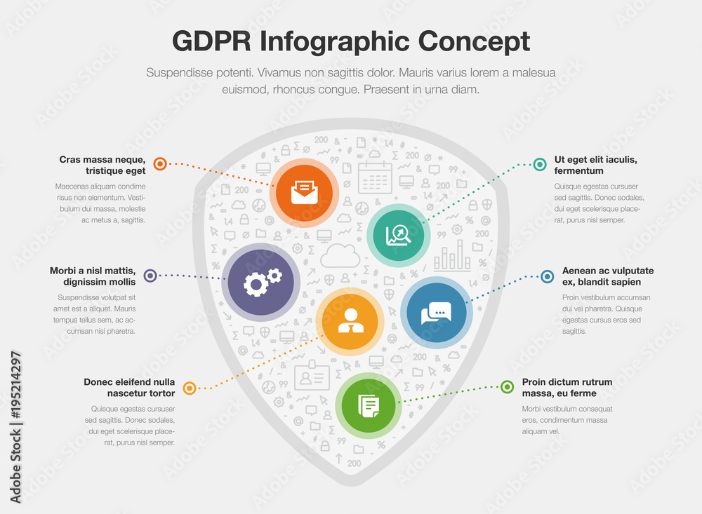 Poster european gdpr infographic concept with shield symbol filled with small icons isolated on light backg