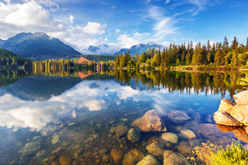 Mountain lake Strbske pleso (Strbske lake) and High Tatras national park, Slovakia