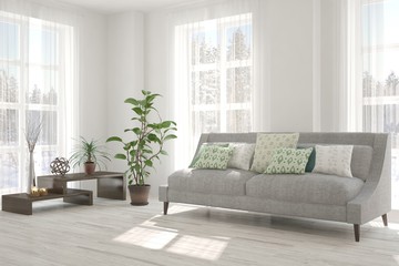 Idea of white minimalist room with sofa. Scandinavian interior design. 3D illustration