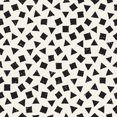 Hand drawn black and white ink abstract seamless pattern. Vector stylish grunge texture. Geometric scattered shapes paint brush lines