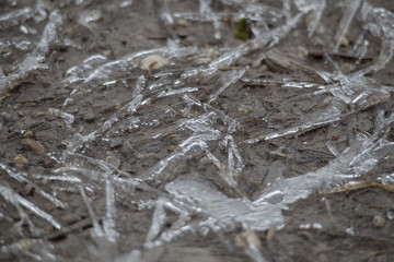 Frozen muddy soil with ice crystals
