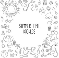 Summertime beach vacation doodle icons line frame border
