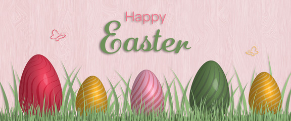 Happy Easter. Wooden background with Easter eggs and grass in trendy colors. Text : Happy Easter