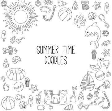 Summertime beach vacation doodle icons line frame border