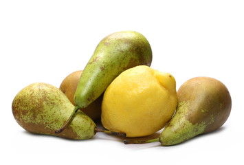 pile pears and lemon isolated on white background