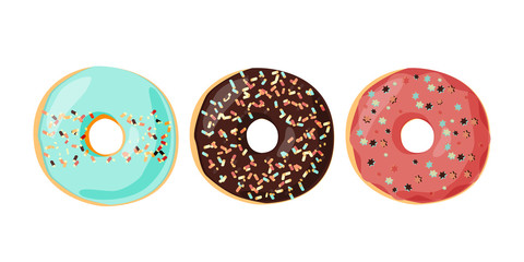 Fototapeta premium Set of glazed colored donuts with icing sprinkles. Vector illustration.