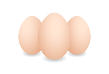 Three Realistic eggs. Brown chicken eggs. Vector 3D eggs with shadows on white background. Easter eggs template, food concept. AI10