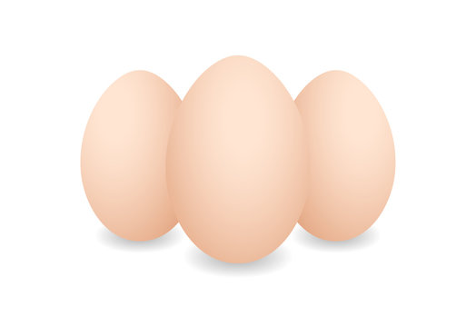 Three Realistic eggs. Brown chicken eggs. Vector 3D eggs with shadows on white background. Easter eggs template, food concept. AI10