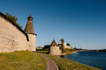 Pskov Kremlin, which is an ancient citadel of Pskov city, Russia in sunrise light