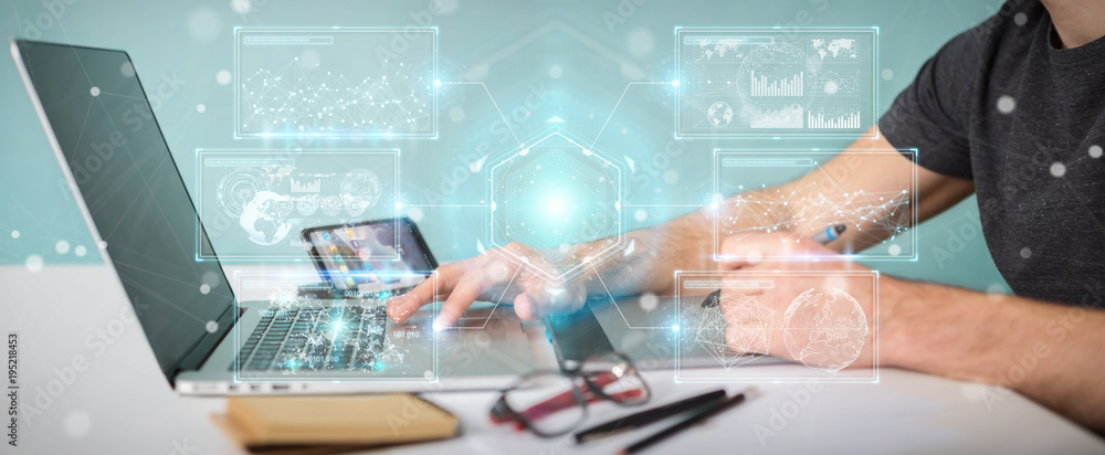 Aufkleber Graphic designer using digital screens interface with holograms datas 3D rendering