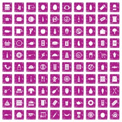 100 lunch icons set grunge pink