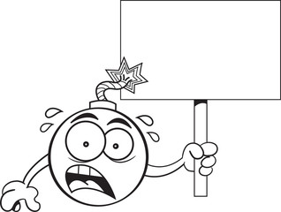 Black and white illustration of a worried bomb with a lit fuse holding a sign.