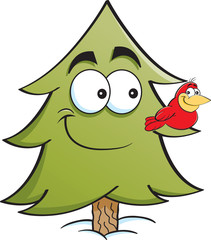 Cartoon illustration of a pine tree with a bird on its branch.
