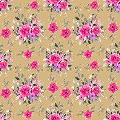Seamless pattern with watercolor flowers, leaves