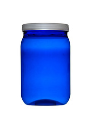 plastic transparent jar for sports nutrition and supplements isolated on white background