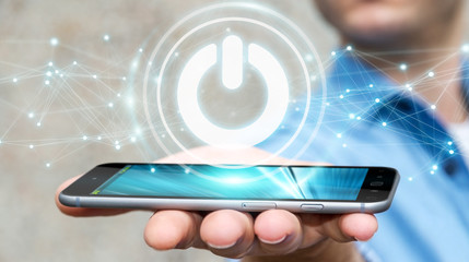 Businessman using 3D render power button with connections