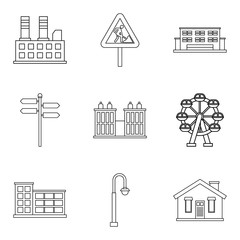 Town building icons set, outline style