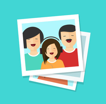 Photo cards or happy family vector illustration, flat cartoon photos or man, woman and girl together, lots of photographs