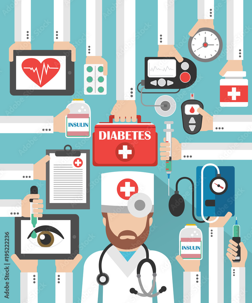 Wall mural Medical diabets flat design set with doctor. Vector illustration