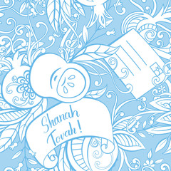 Rosh Hashanah (Jewish New Year) seamless pattern. Hand drawn elements apples, pomegranate greeting cards and flowers. Vector illustration blue background.