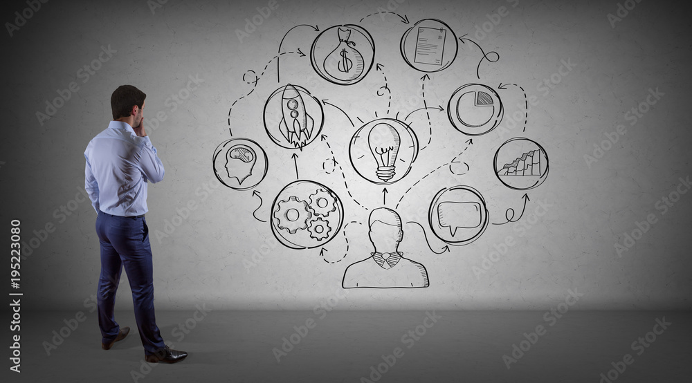 Poster businessman watching a project sketch on a wall 3d rendering