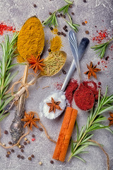 Colorful spices in spoons. Top view