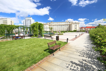 Rzeszow / city square with flowers, beds and benches to rest