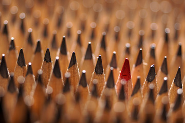 Identical black graphite pencils and one red pencil