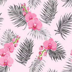Seamless tropical exotic botanical vector pattern texture. Rainforest jungle tree palm leaves foliage and pink orchid phalaenopsis flower branch. Vector design illustration.