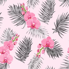 Printed roller blinds Orchidee Seamless tropical exotic botanical vector pattern texture. Rainforest jungle tree palm leaves foliage and pink orchid phalaenopsis flower branch. Vector design illustration.