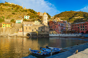 Vernazza village center with church and houses at down, Cinque Terre national park, Liguria, Italy.