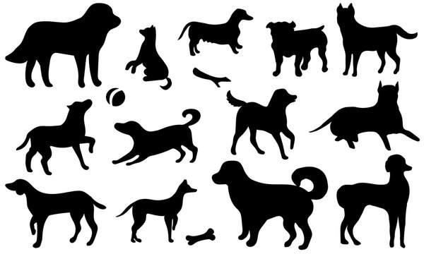 Set of icon dogs. Black silhouettes of a dog isolated on a white background. Collection of black icons of dog. Vector illustration.
