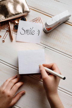 rose gold stationery tabletop, hand writing doodles