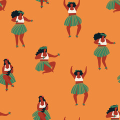 Fototapeta premium Hawaiian Hula dance girls dancing and playing guitar seamless pattern