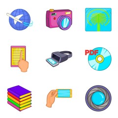 Virtual existence icons set, cartoon style