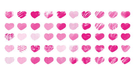 50 textured hearts on isolated background