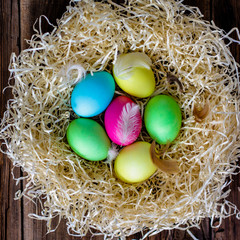 Fototapeta na wymiar Easter cake and Easter eggs (traditional decoration and attributes). Happy easter!