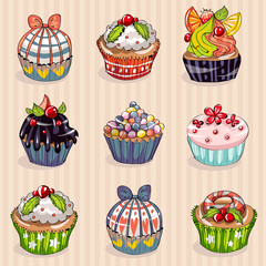 Set of 9 cute cupcakes, sweet dessert, confectionery bakery cafe sweet shop, vector children illustration