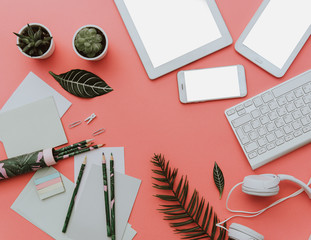 Mock up template with smartphone, tablets, computer and headphones. Flat lay for branding with electronic devises