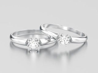 3D illustration two white gold or silver engagement solitaire double prong basket diamond rings