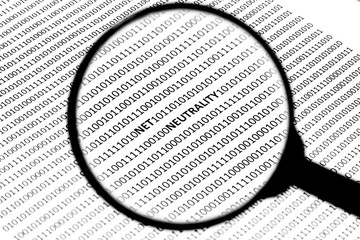 A net neutrality concept image consisting of a magnifying glass, digital code and the word, 