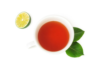 Top view on realistic white cup filled with black tea and fresh sliced lime isolated on white