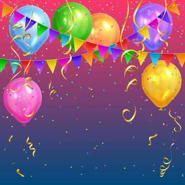 Festive design. Colorful bright confetti, realistic colorful air balloons and flags garlands. Party decoration for birthday, anniversary, celebration. Vector illustration, eps 10.