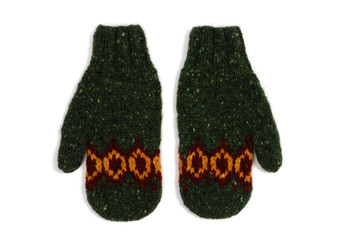 Green handmade mittens on a white background. View from above.