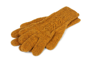 Yellow knitted gloves on a white background. View from above.